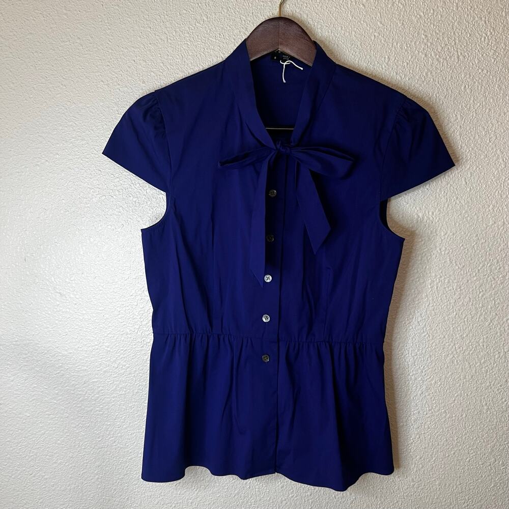 Theory Devann Luxe Bow Neck Blouse in Electric Blue NEW Small
